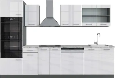 Image de Cuisine Vicco R-Line Blanc Haute brillance 300cm avec armoire haute, PT Marbre, Model 43094