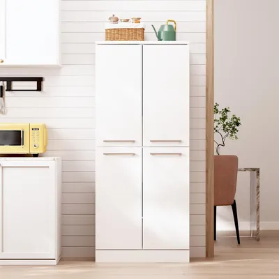 Image de Armoire de cuisine haute, blanc brillant, 4 portes, style réfrigérateur, étagères réglables en hauteur, poignées métalliques, 76 x 42 x 180 cm