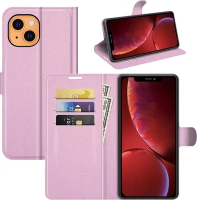 A pink flip case for an iPhone 13, shown open with cards and cash inserted, and a separate image of the phone inside the case.