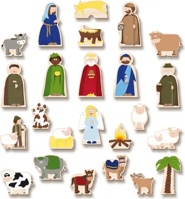 A collection of wooden nativity scene figures arranged on a white background.