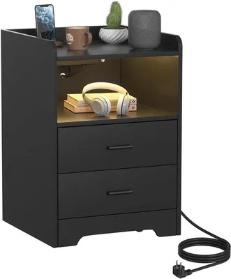Zdjęcie produktu dla Szafki nocne z oświetleniem LED, wymiary 50x40x30 cm - kolor czarny - stacja ładowania z 2 gniazdami elektrycznymi i 2 portami USB - ServiceTopper