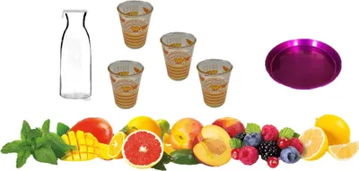 Produktbild von Karaffe mit Deckel 1 Liter + Glas 270ml 4er Drinkgläser Set Früchte+ Metall Tablett 33cm Höhe 5 cm