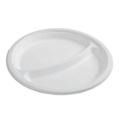 Produktbild von RyanPack Zuckerrohr Bagasse Teller 2 geteilt 23 cm Weiß – Einweg Teller – 500 Stück Karton