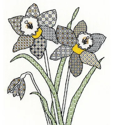 Stickerei-Set Blackwork Narzissen, 14 Count Aida, 28x32 cm