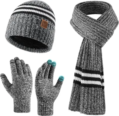 Immagine prodotto di Sciarpa, berretto e guanti. Set invernale caldo, antivento, 3 in 1, colore grigio