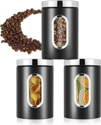 Zdjęcie produktu dla Zestaw 3 puszek do przechowywania mąki, cukru, musli, herbaty - metalowa hermetyczna puszka z okienkiem do przechowywania