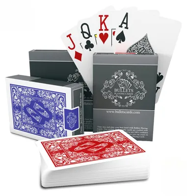Obrázok produktu pre 2x vodovzdorné plastové hracie karty od Bullets Playing Cards – kartová hra – Jumbo Index – 2 rohové značky – červená a modrá – profesionálne pokerové karty Poker