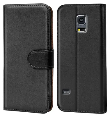 A black flip case for a Samsung Galaxy S5 phone is shown from two angles.