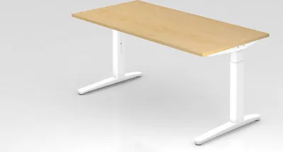 Produktbild von Schreibtisch Mika | Ahorn | Weißes Gestell | BxT 160x80cm | Arbeitshöhe 65-85cm | höhenjustierbar, 1cm Raster | C-Fuß-Gestell | Rechteckform