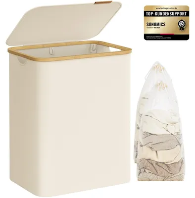 Produktbild von SONGMICS Wäschekorb mit Deckel, faltbar, 130 L, Oxford-Gewebe – Cremeweiß, Größe 130 L (2 Fächer)