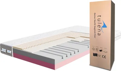 A cutaway view of a mattress next to its packaging.