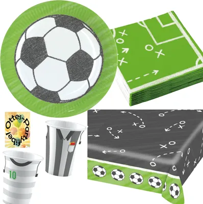 Produktbild von Fußball-Party-Set 53tlg. für 16 Kicker 16 Teller 16 Becher 20 Servietten 1 Tischdecke
