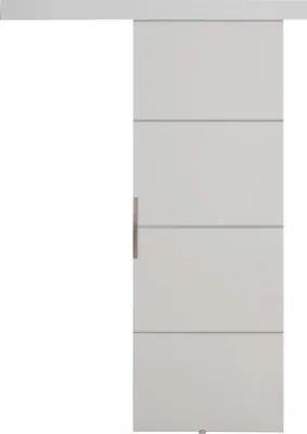 A white sliding door with horizontal paneling and a silver handle.