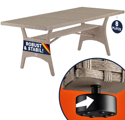 Produktbild von CASARIA® Polyrattan Gartentisch 190x90x74cm mit Ablage WPC-Tischplatte Höhenverstellbar Holzoptik Wetterfest Garten Terrasse Esstisch Gartenmöbel Creme