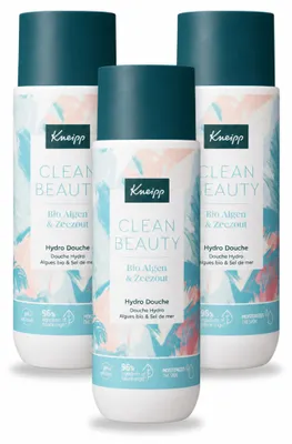 Imagen del producto de 3 unidades de gel de ducha Kneipp Clean Beauty, con algas y sal marina, de 200 ml cada uno. Paquete económico