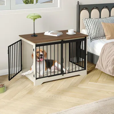 Produktbild von Hundebox - Hundekäfig - Hundehütte - Hundegitter - Tierbox - Weiß, Braun - Langlebiges Holz & Stahl