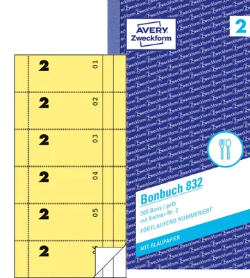 Produktbild von Avery Zweckform 832, Bonbuch, gelb, mit Kellner-Nr. 2, 300 Bons