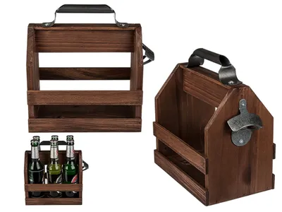 Produktbild von Party Holz Bierträger Sixpack mit Metall Flaschenöffner Vintage Flaschenträger