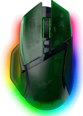 A top-down view of a green Razer gaming mouse with RGB lighting.