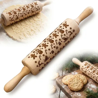 Produktbild von TEIGROLLER MIT WEIHNACHTSGRAVUR, aus Holz, 38 cm, für die Küche, SCHNEEMÄNNER