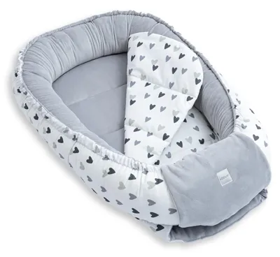 BABYNEST + Matratze GRAU Samt Velour/ Herzchen Grau Baumwolle Nestchen