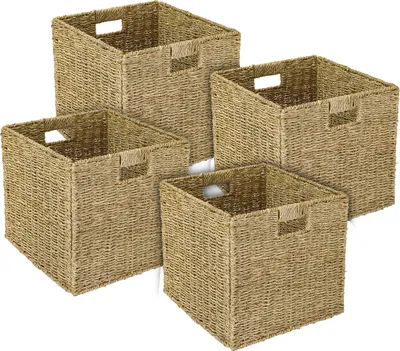 Produktbild von HMF 4er Set Seegras-Aufbewahrungskörbe, geflochten, 32 x 34,5 x 32 cm, für Kallax Regale, mit Metallrahmen und Griffen, geräumig und vielseitig für Wohnzimmer, Schlafzimmer, Kinderzimmer, Küche oder Bad