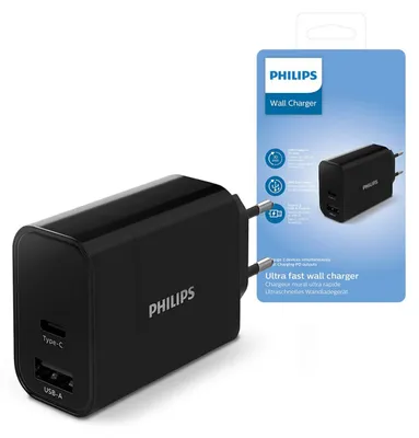 Image de Philips DLP2621/12 Chargeur - Connecteur USB - Adaptateur secteur - Chargeur rapide - Multiple : 2 ports - USB-C - USB-A - 30 W - Noir