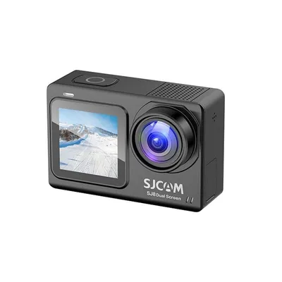 A black SJCAM SJ8 Dual-Screen action camera is shown from a 3/4 angle against a white background.
