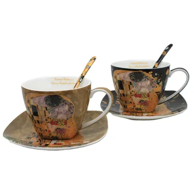 Produktbild von 2er-Set Königin-Isabell-Porzellantassen Klimt's Kiss-Motiv Teelöffel 250ml W25KL60-2-19000