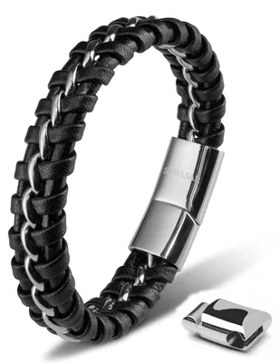 Produktbild von SERASAR Herren Armband 23cm Silber Leder Herrenschmuck Flecht Armbändchen
