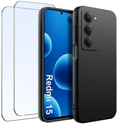 Zdjęcie produktu dla ZESTAW Etui do Xiaomi Redmi 15 4G|5G Matowe Czarne Silikon Slim 2 SZT SZKŁO