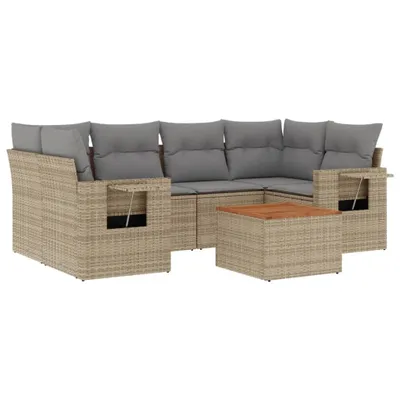 Produktbild von Modulares Garten-Sofa Set 7-tlg., Poly Rattan Beige, mit Stauraum, wasserabweisendem Beutel, Akazienholz-Tischplatte, UV-beständig, Hellgraue Kissen
