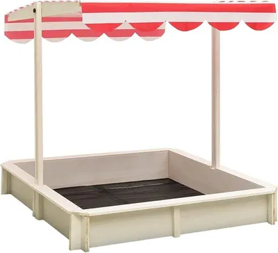 Produktbild von Sandkasten mit Verstellbarem Dach Sandbox 115 x 115 x 115 cm (L x B x H) Mit Montagematerialien Verstellbares Dach mit UV50-Schutz Tannenholz Weiß und Ro