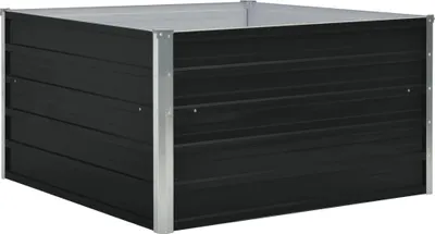 A black raised garden bed with silver trim, shown from a slightly elevated angle against a white background.