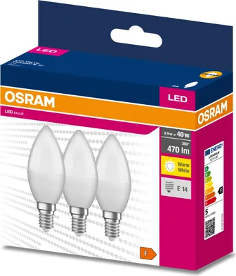 Zdjęcie produktu dla 3PAK Żarówka LED E14 B35 4,9W = 40W 470lm 3000K Ciepła 220° OSRAM VALUE