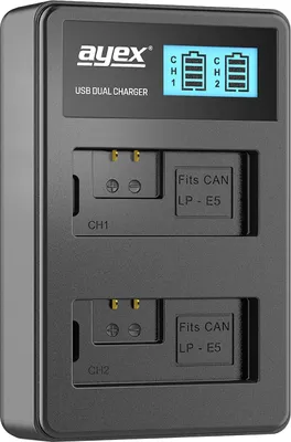 Produktbild von USB Dual Ladegerät für Canon LP-E5 Akkus beleuchtetes Display Ladestandanzeige