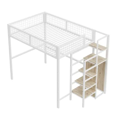 Produktbild von Hochbett 140*200 mit Leiter, Kinderbett mit Eisenrahmen und Aufbewahrungsregal, Kleiderschrank Weiß