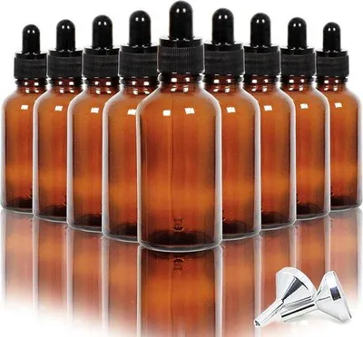 Obrázok produktu pre 16 ks sklenených fľaštičiek s kvapkadlom, 60 ml – lekárenské fľaštičky na éterické oleje – s 2 mini kvapkadlami z nehrdzavejúcej ocele – jantárová farba