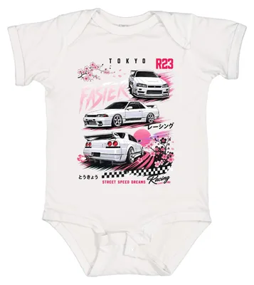 Zdjęcie produktu dla Szybkie samochody, styl uliczny, motoryzacja japońska (JDM), Sakura (wiśnia), Tokio, tuning, era Y2K, drifting, samochód typu "baby body", kolor biały, rozmiar 6/12