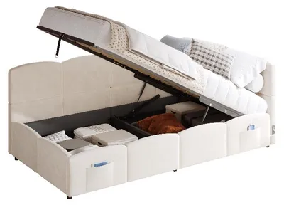 Zdjęcie produktu dla Łóżko tapicerowane 90x200 cm, kolor beżowy, obita welurem, z pojemnikiem na pościel, portami USB-A i USB-C, stelażem elastycznym, idealne jako sofa do sypialni