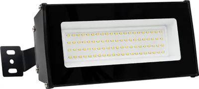 A black LED floodlight with a white light panel containing multiple small yellow LEDs, mounted on a black bracket.