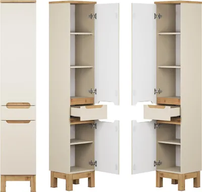 Produktbild von Badezimmer-Hochschrank mit 35 cm Breite in kaschmir mit Eiche, 2 Türen & 1 Schublade - SOLNA-56-CASHMERE