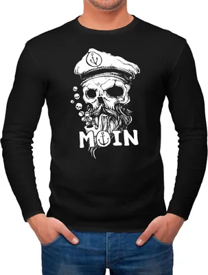Produktbild von Herren Longsleeve Moin Kapitän Totenkopf Anker Bart Hamburg Langarm-Shirt Fashion Streetstyle Neverless® schwarz S