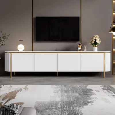 Productafbeelding van Merax TV-meubel met 6 deuren en ijzeren poten, TV-meubel met ribbels, TV-meubel met afgeronde hoeken, tv-kast met kabeldoorvoeren, wit
