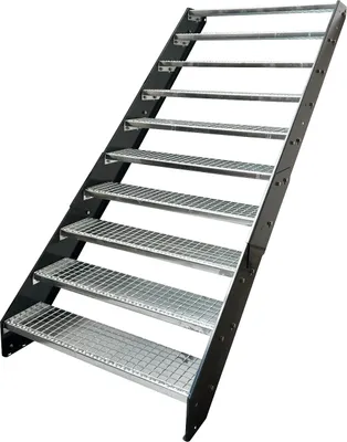 Produktbild von Stahl Wangentreppe Gitterroststufen 10 Stufen - Verzinkt & Anthrazit pulverlackierten Wangen - (B x H x T) 140 x 190 x 196 cm