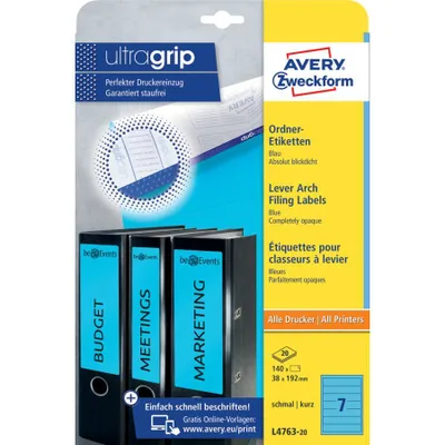 Immagine prodotto di Avery Zweckform® L4763-20 L4763-20 Etichette per cartelle - strette/corte, (A4 - 20 fogli) 140 pezzi, blu
