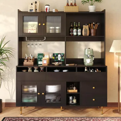 Produktbild von Hochschrank mit Changhong-Glastür und Weinregal, Schwarz/Gold, 145x39x171 cm