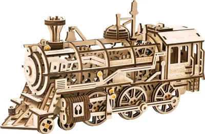 A 3D wooden model of a mechanical steam locomotive.