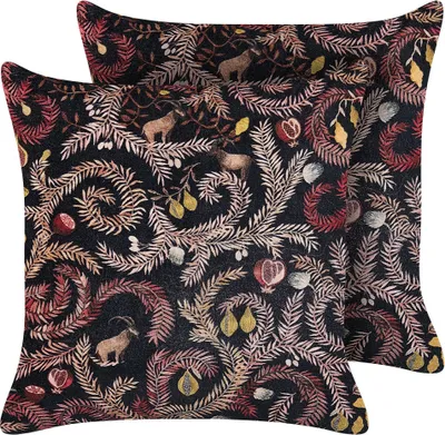 Produktbild von BELIANI Dekokissen 2er Set Schwarz / Rosa Samt und Baumwolle 45 x 45 cm Bezug mit Füllung Reißverschluss Blumenmuster Modern Wohnzimmer Schlafzimmer