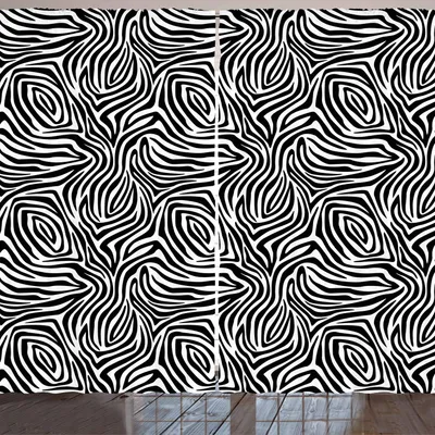 Image de Rideau à rayures ARANDE, motif peau de zèbre africain avec lignes abstraites, design peau d'animal sauvage uni, 280 x 245 cm, blanc noir